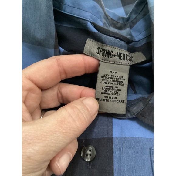Spring + Mercer Men's Blue & Black Plaid Roll Tab Long Sleeve Casual Shirt Small - Picture 10 of 11